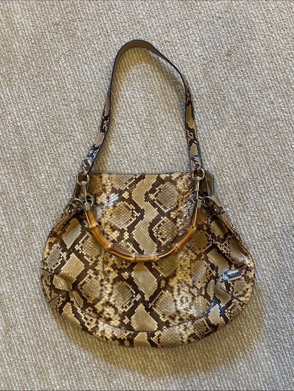 Gucci Snakeskin-Print Shoulder Bag with Bamboo Handle in Brown and Cream
